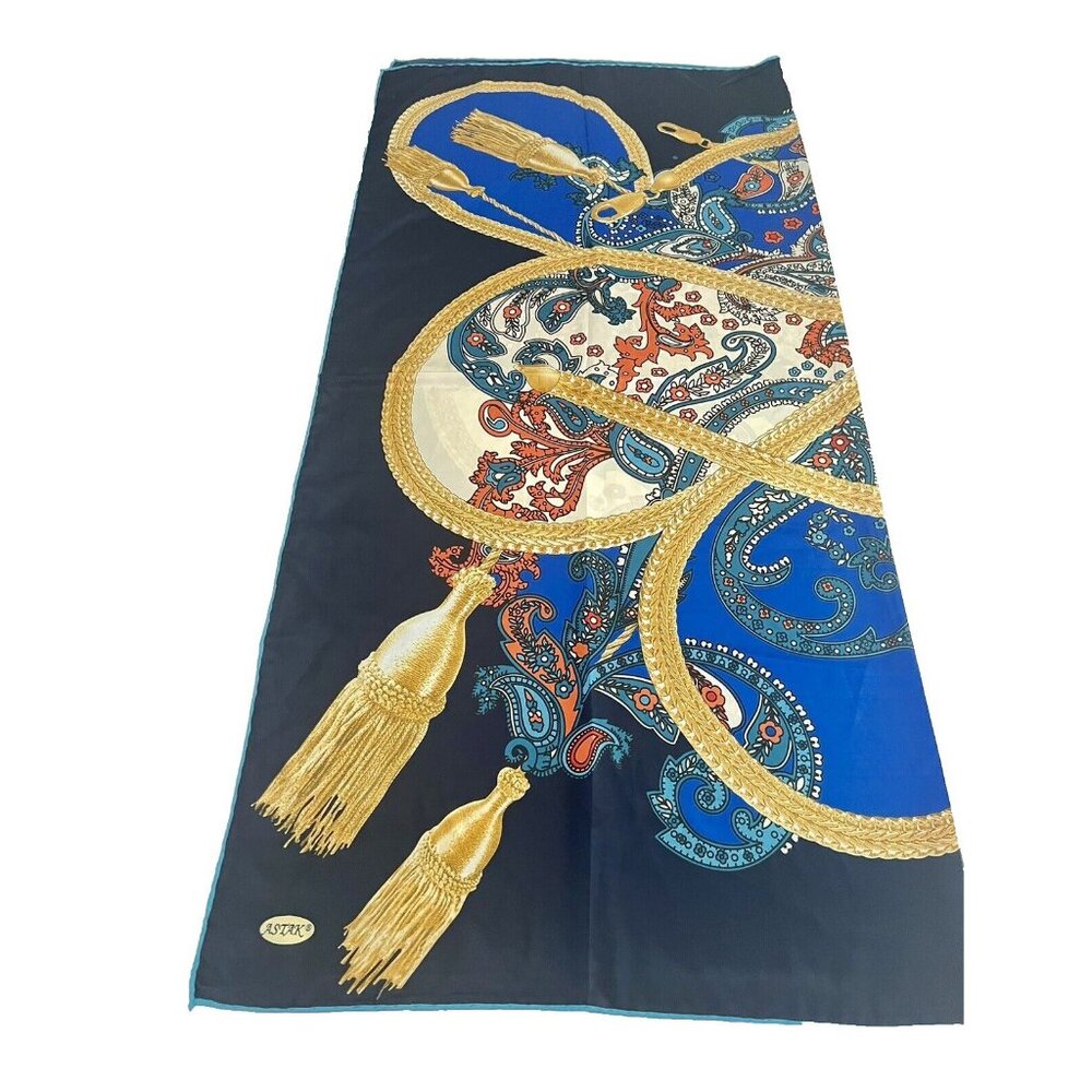 ASTAK Large Statement Silk Scarf Headscarf Paisley Gold Chain Mobwife 43" x 44" - Picture 3 of 11
